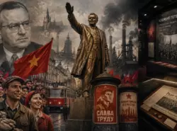 Бронзовый памятник Клементу Готвальду с поднятой рукой на фоне заводов, красных знамен и архивных кадров Чехословакии