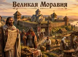 Историческая реконструкция Великой Моравии: деревянное городище, каменная церковь, воины, Кирилл и Мефодий со свитком у ворот. Панорама раннесредневекового славянского городища с крепостными стенами, храмом и фигурами Кирилла и Мефодия на фоне заката. Великоморавское городище на холме: ремесленники, воины в кольчугах и просветители Кирилл и Мефодий со свитком у крепостных ворот.