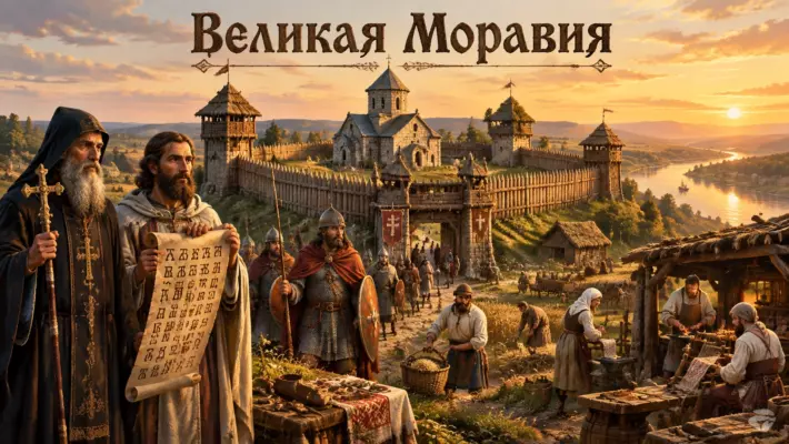 Историческая реконструкция Великой Моравии: деревянное городище, каменная церковь, воины, Кирилл и Мефодий со свитком у ворот. Панорама раннесредневекового славянского городища с крепостными стенами, храмом и фигурами Кирилла и Мефодия на фоне заката. Великоморавское городище на холме: ремесленники, воины в кольчугах и просветители Кирилл и Мефодий со свитком у крепостных ворот.